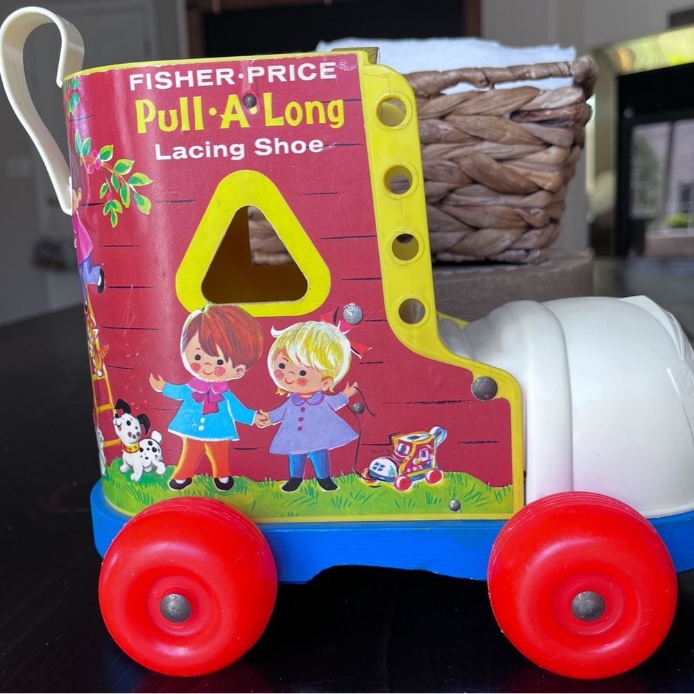 1970 Fisher-Price Pull-A-Long Lacing Shoe Toy - Red & Blue